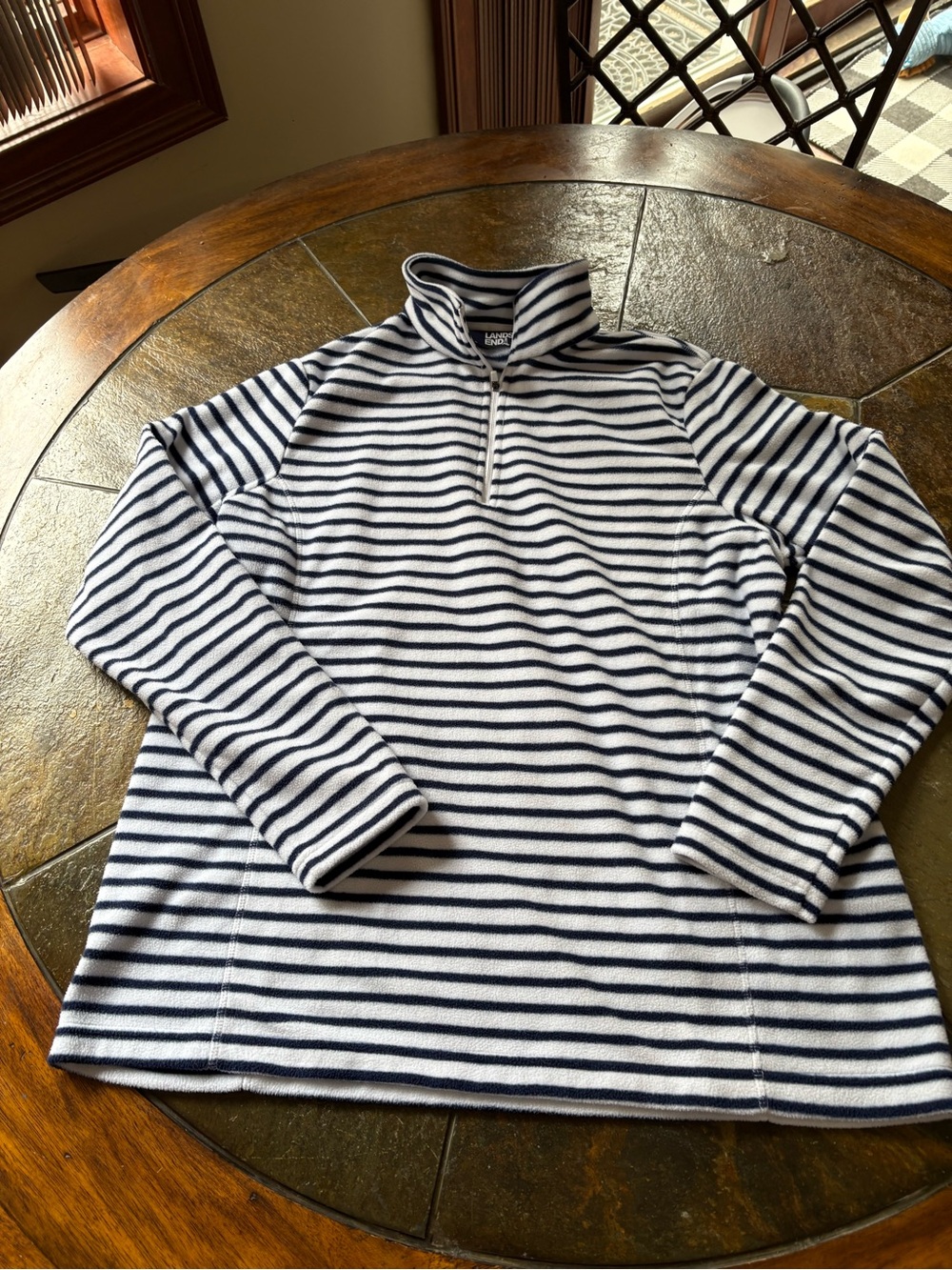 Lands' End Navy & White Striped Fleece Pullover